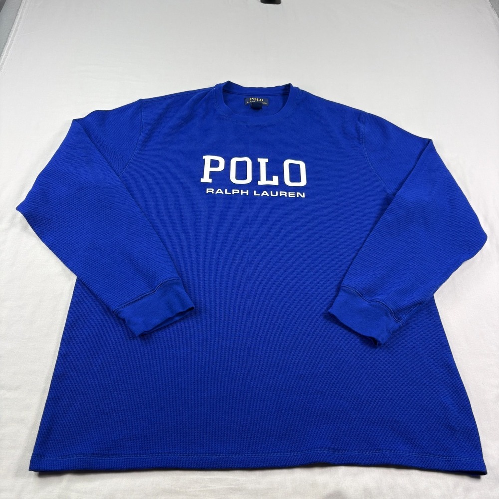 Polo Ralph Lauren Shirt Mens 2XL Blue Thermal‎ Spell Out Big Logo Stretch Casual